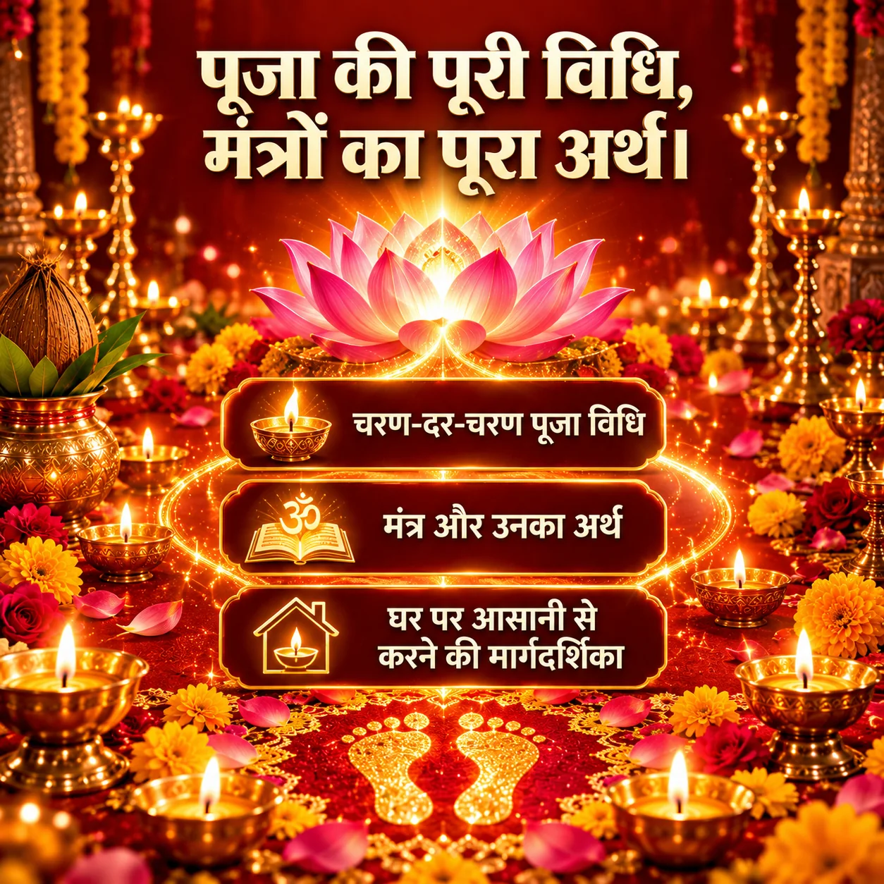 पूजा की पूरी विधि, मंत्रों का पूरा अर्थ — चरण-दर-चरण पूजा विधि, मंत्र और उनका अर्थ, घर पर मार्गदर्शिका