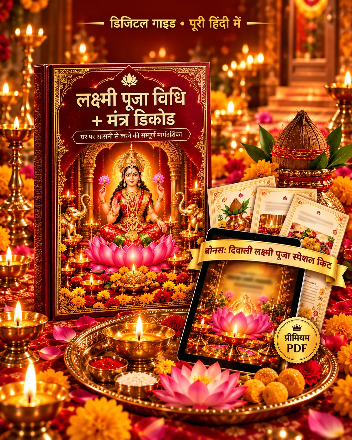 लक्ष्मी पूजा विधि + मंत्र डिकोड — लाल-सोने की पुस्तक, टैबलेट और दिवाली पूजा सामग्री