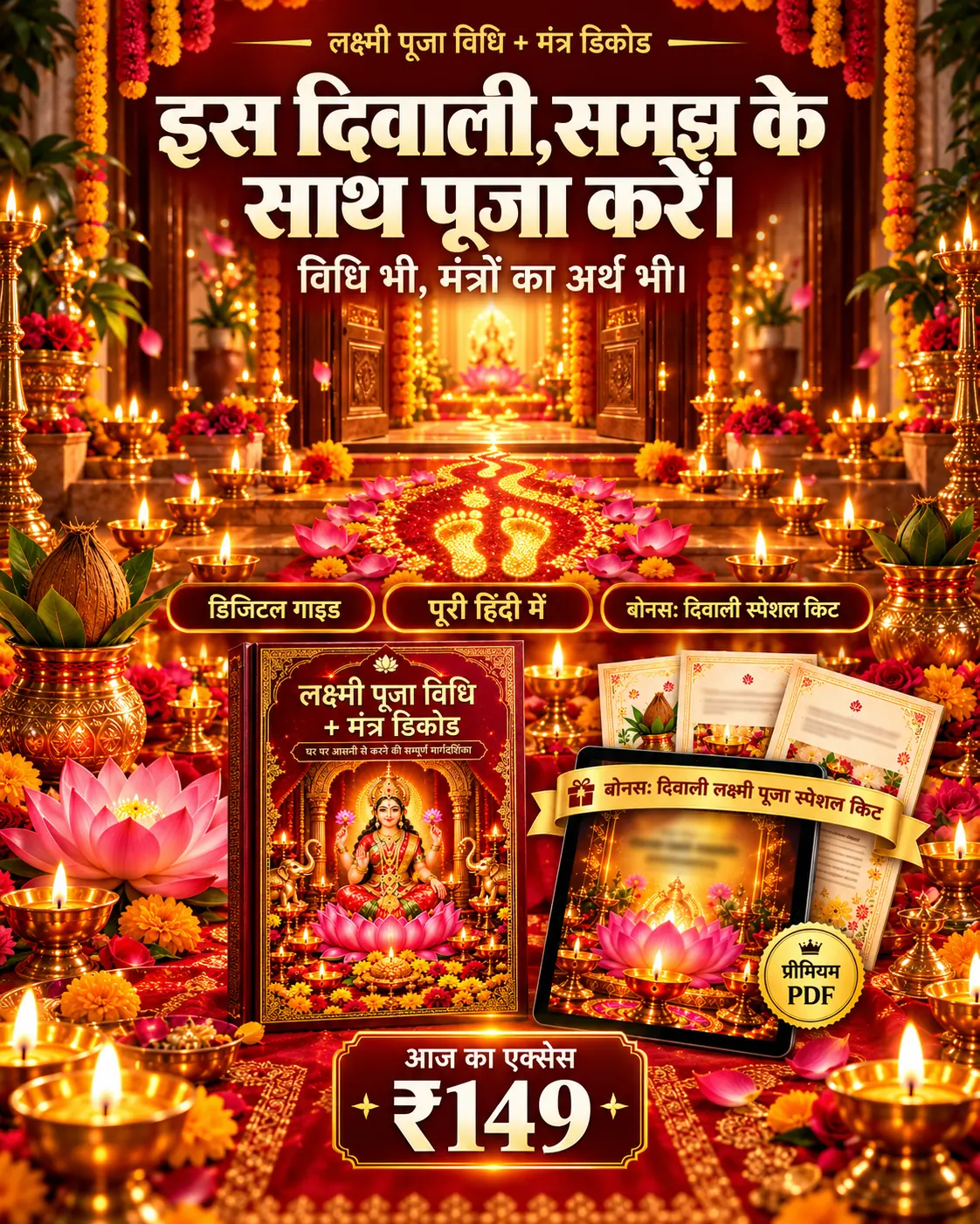 मंदिर के मार्ग पर लक्ष्मी के चरण, गाइड और दिवाली स्पेशल किट — आज का एक्सेस ₹149